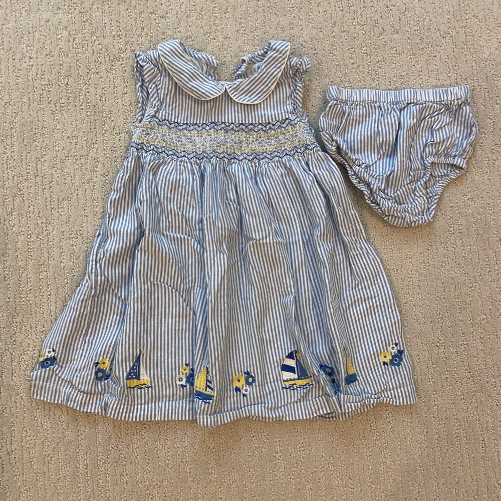 JoJo Maman Bebe Blue and White Striped Dress with Bloomers